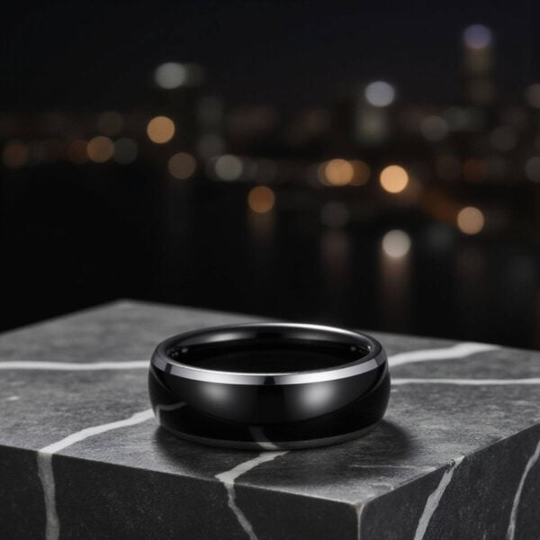Mens Black Domed Ring with Silver Edges