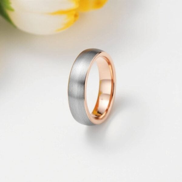 Gents ring - fashion statement ring - brushed silver tungsten with rose gold tungsten edges and inside