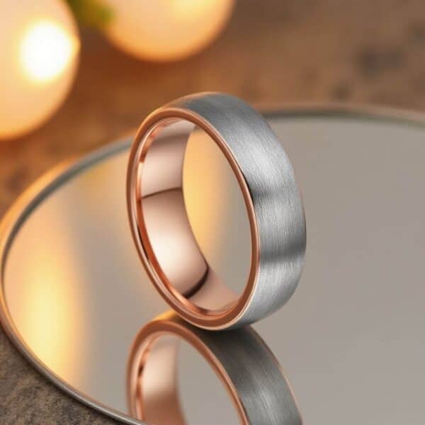 Silver tungsten and rose gold ring for men. Suitable as a male wedding ring or engagement band.