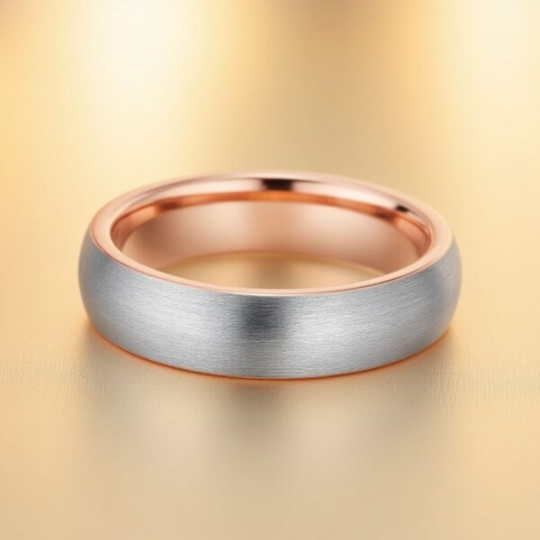 Mens brushed silver and rose gold tungsten wedding band or engagement ring
