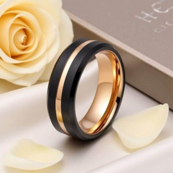 A black and rose gold ring for men. Perfect mens wedding band or male engagement ring