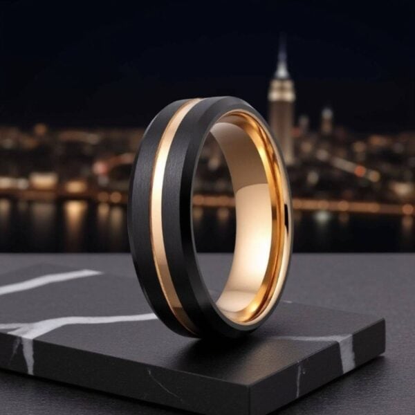 Mens Black and Gold Tungsten Ring