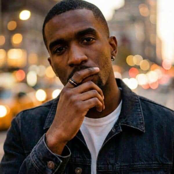 Facing the camera, a man holds his hand up towards his chin. With the city in the background, he looks very thoughtful. He is wearing a ring on his index finger. It is a black tungsten ring with a rose gold groove and rose gold on the inside.