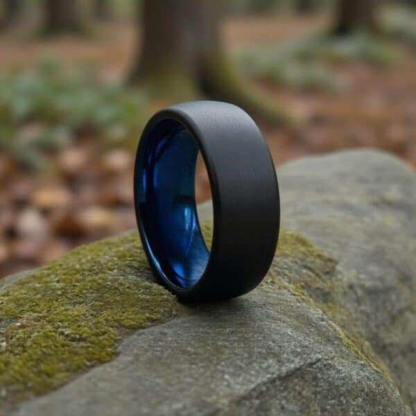 Mens Promise Ring - Black Tungsten Band with Blue