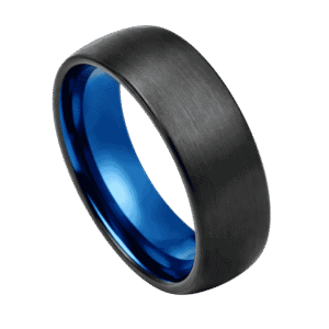 Close up of a brushed black tungsten ring. Featuring a vibrant blue interior.