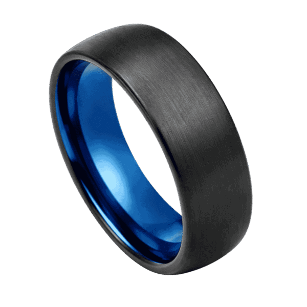 Close up of a brushed black tungsten ring. Featuring a vibrant blue interior.