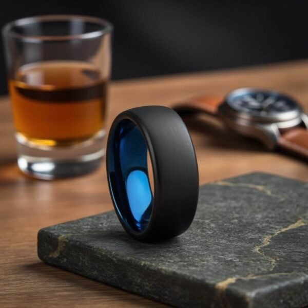 Distinguished Mans Ring - Black Tungsten Ring with Blue Inside