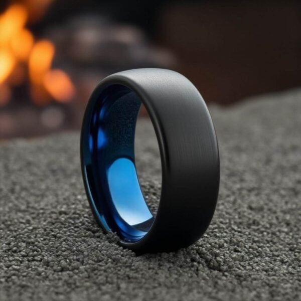 Mens Black Tungsten Ring with Blue Interior