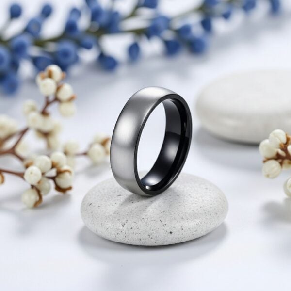 Black and silver tungsten ring for men, brushed silver band and polished black rims, wedding or eternity ring with engraving.