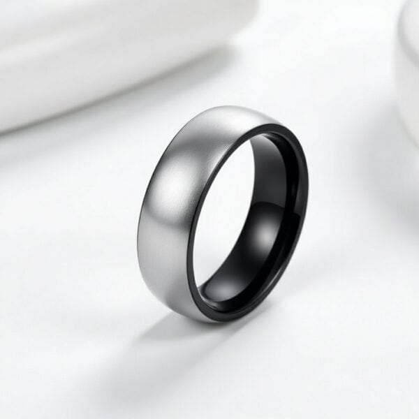 Black and silver tungsten ring for men, brushed silver centre and polished black rims, gents 6mm or 8mm wedding band.