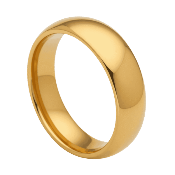 Gold tungsten ring for men, polished dome wedding band or engagement eternity ring for gents with custom engraving.