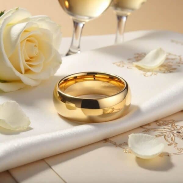 Gold tungsten King ring for him with a polished domed surface, perfect as a traditional male wedding band, promise ring, or engraved statement ring.