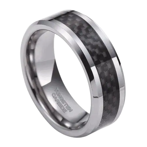 mens silver ring wedding anniversary engagement band with black carbon fibre 8mm in all sizes