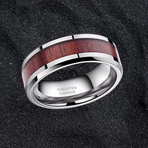 silver Tungsten and Wood Ring for Men