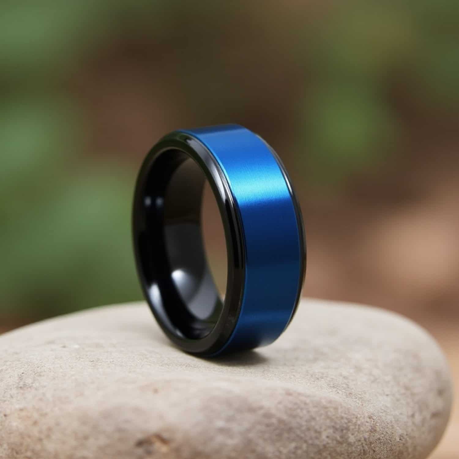 Black tungsten ring with blue centre in close-up placed on rock