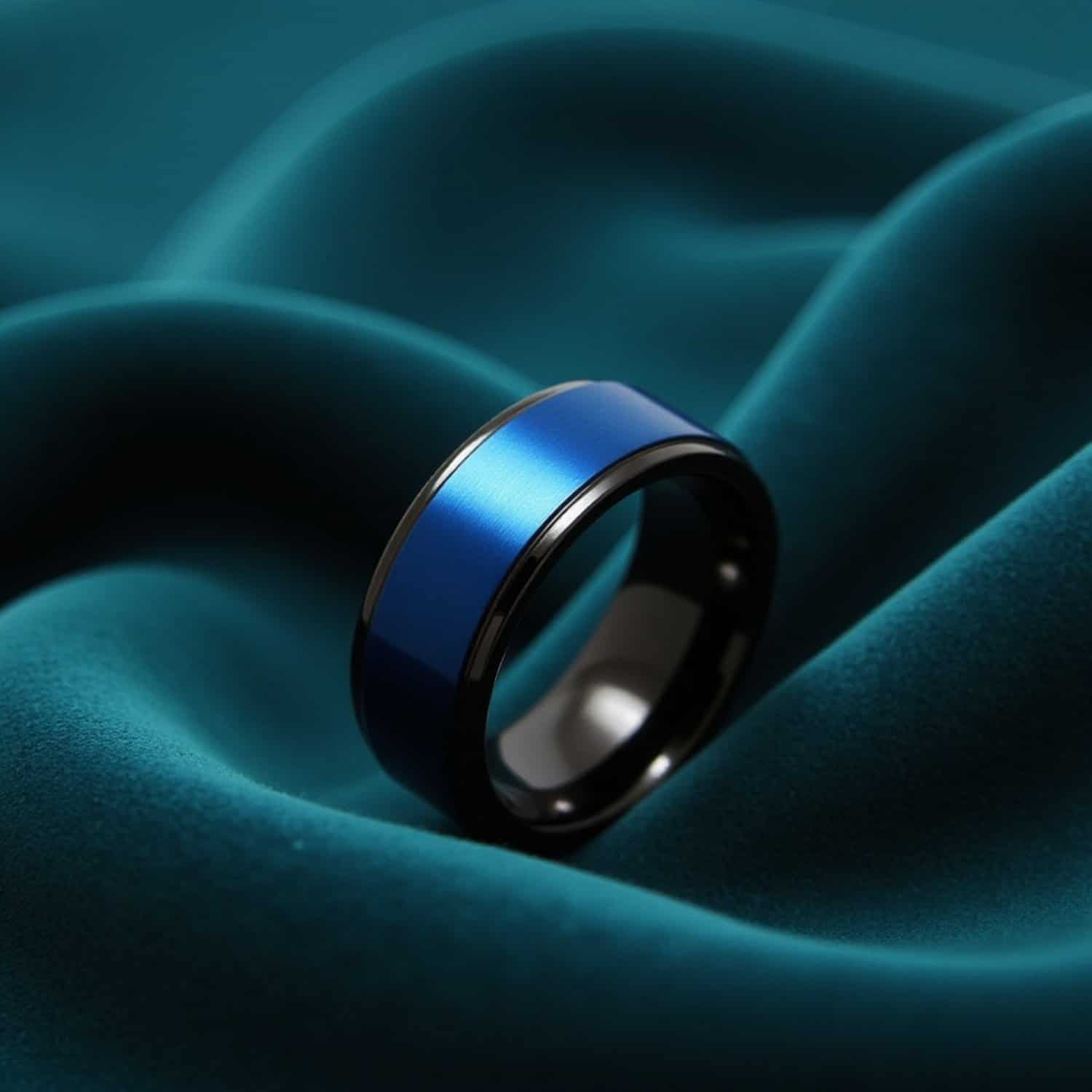 Detailed close-up of men’s black tungsten ring with blue centre on velvet surface.