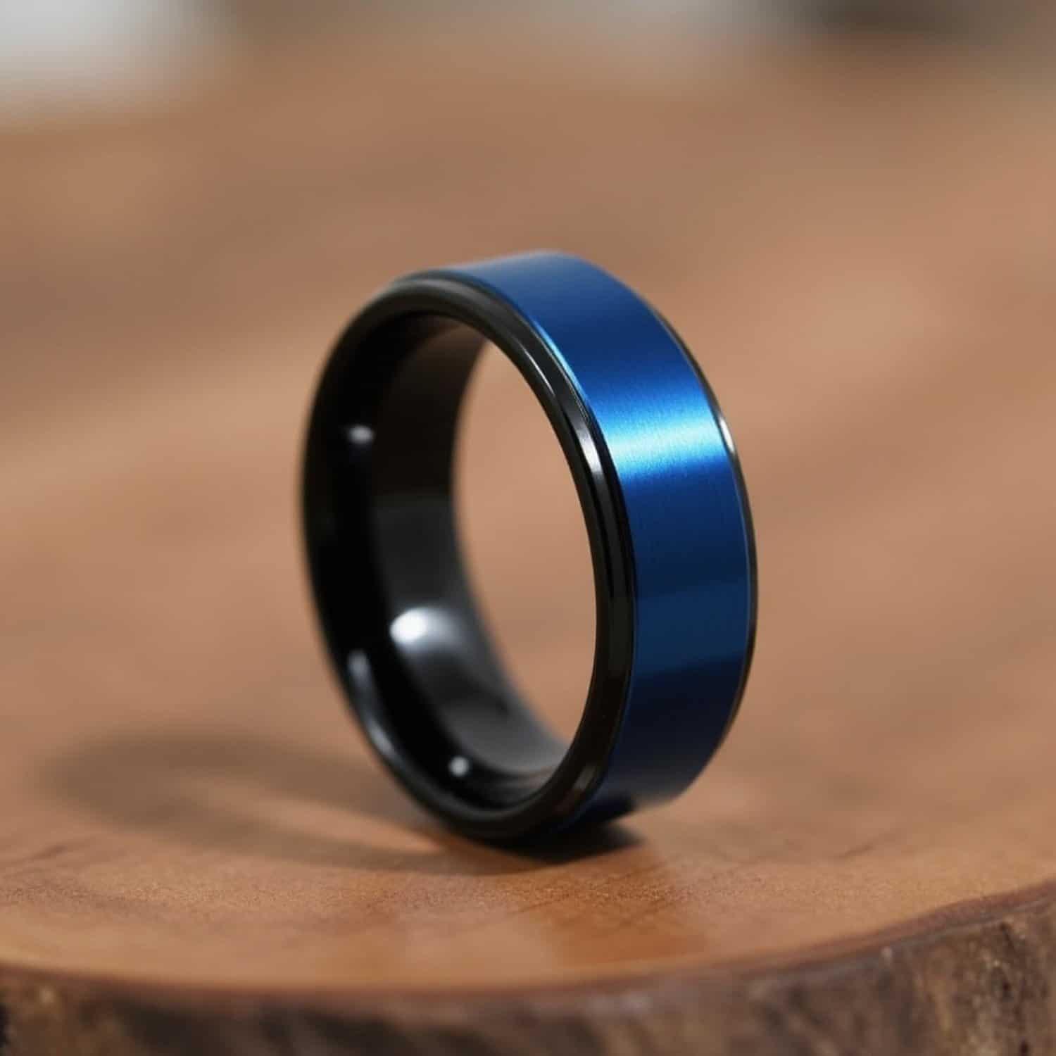 Macro close-up of black tungsten ring with blue centre on wooden surface.
