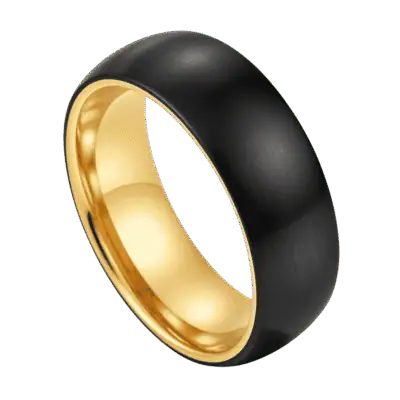 Brushed black tungsten ring with polished gold inner shown on white background