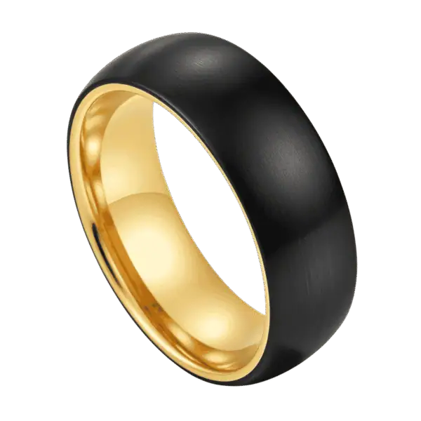 Brushed black tungsten ring with polished gold inner shown on white background