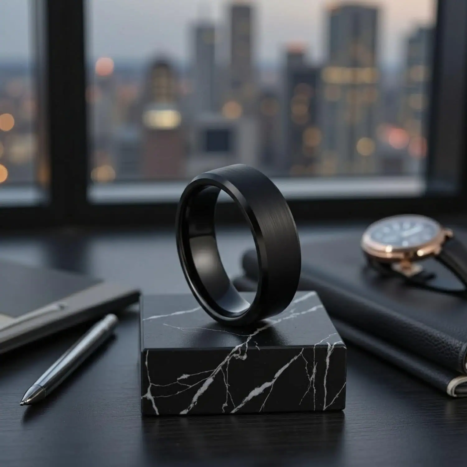 Brushed black tungsten ring with polished edges on desk with city skyline, watch and pen