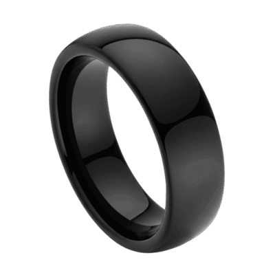 Close-up of a polished black tungsten ring for men. Slightly domed providing a classic shape for a wedding band.