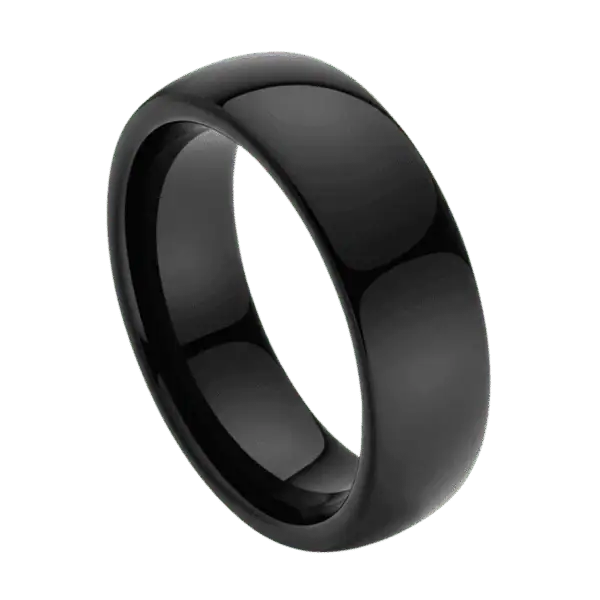 Close-up of a polished black tungsten ring for men. Slightly domed providing a classic shape for a wedding band.