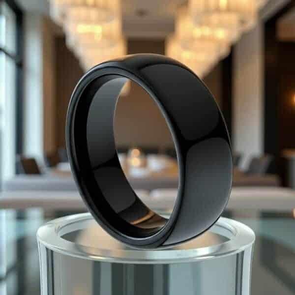 Set on top of a glass pedestal is this black tungsten ring. With a shiny finish.