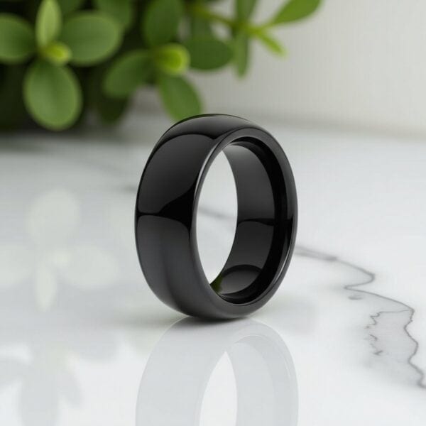 On white marble and with green leaves in the background, this is a shiny tungsten black ring.