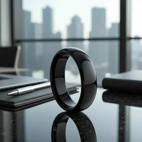 Sitting on top of a desk and with an elegant office in the background, this is a black shiny tungsten ring with a slightly domed shape.