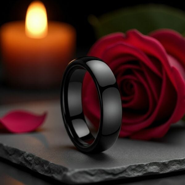 With a candle glowing and a red rose in the background, a ring sits on top of a piece of slate. This is a black shiny tungsten ring.