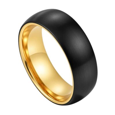 A black tungsten ring, with a lightly brushed finish and a polished gold inside.