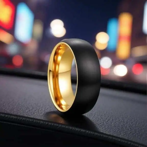 A ring stands upright on the top of a leather car dashboard. It is a domed, lightly brushed black tungsten ring with a polished interior.