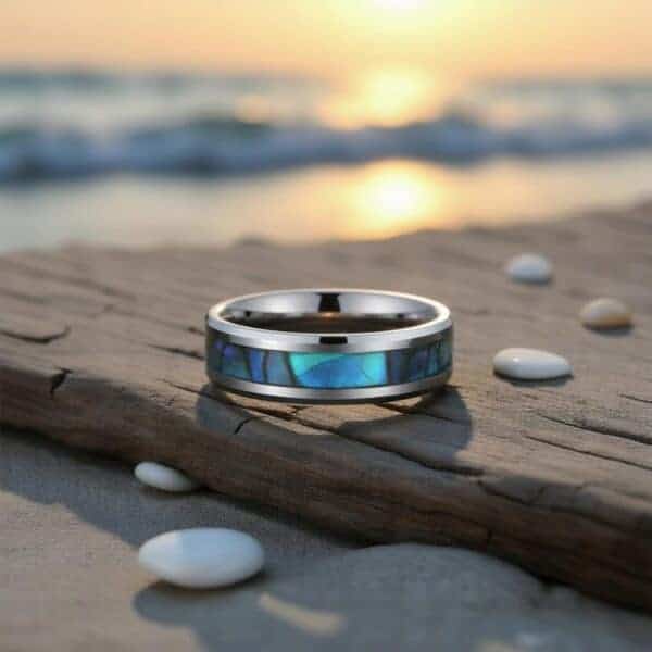 An idyllic beach scene at sunset. A ring lays flat on a piece of drift wood. The ring is a silver tungsten ring with bevelled edges. It has an inlay of abalone shell inlay.