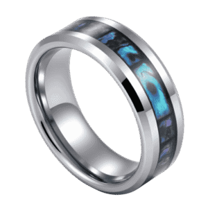 A zoomed in image of a mens tungsten ring. It is a silver tungsten ring that has elegant bevelled edges. The ring features a distinctive inlay of abalone shell.