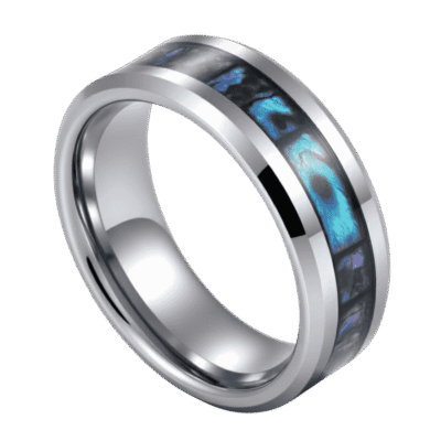 A zoomed in image of a mens tungsten ring. It is a silver tungsten ring that has elegant bevelled edges. The ring features a distinctive inlay of abalone shell.