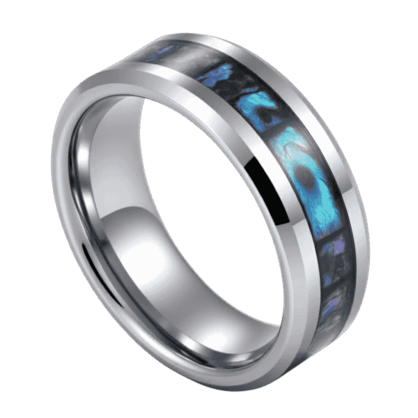 A zoomed in image of a mens tungsten ring. It is a silver tungsten ring that has elegant bevelled edges. The ring features a distinctive inlay of abalone shell.