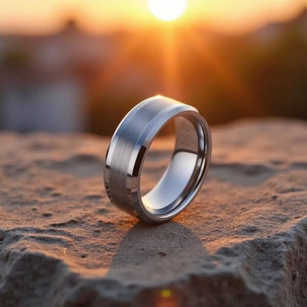 The sun sets behind the rock leaving a beautiful golden glow. A silver tungsten ring sits on top of the rock. At the centre of the ring is a bushed section with contrasting polished silver edges.
