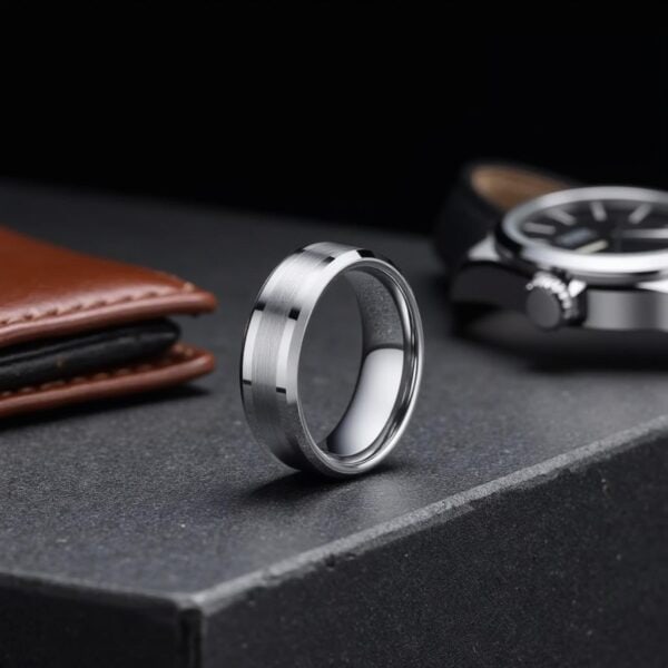 On a charcoal grey desk, a ring stands upright alongside a brown leather wallet and a watch. The ring is a silver tungsten ring. It has a brushed section at the centre of the ring and polished bevelled edges.