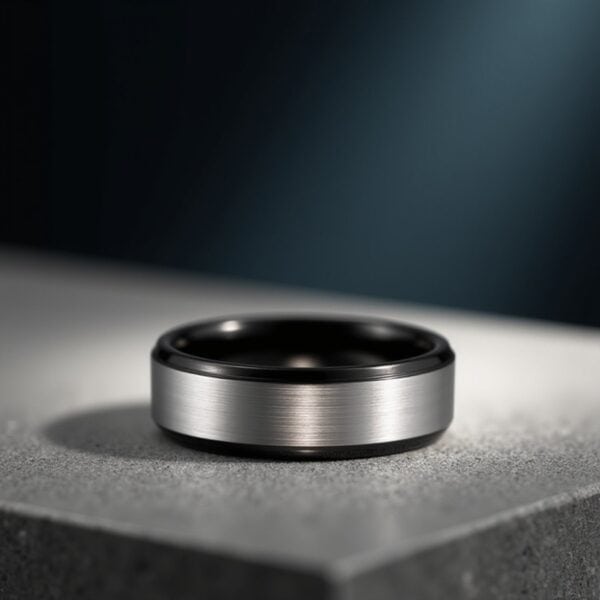 A minimalist shot of a ring resting on concrete. Light shines onto the ring. The ring is made with tungsten. It has a slightly raised centre section which is brushed silver. It has polished black edges.