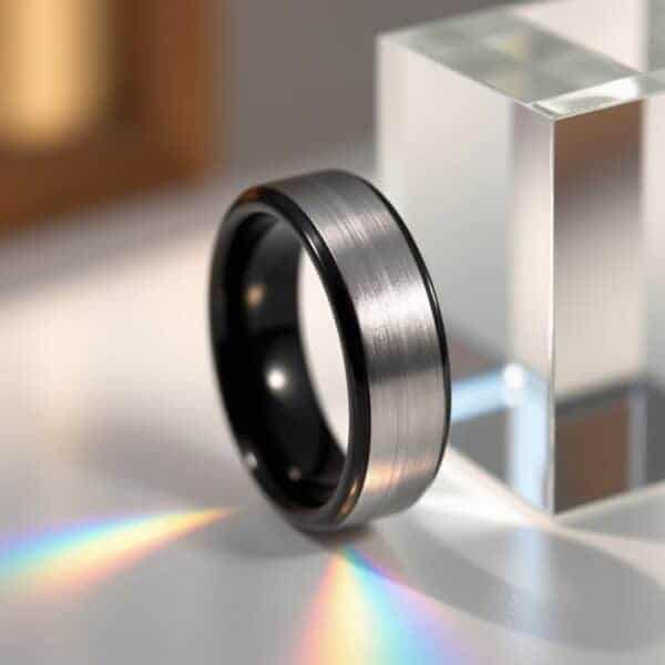 A ring stands upright adjacent to a glass block. As light touches the glass, it breaks into prisms that create soft rainbow patterns. The ring made of tungsten. It has a raised centre section which is brushed silver. The edges are polished black.