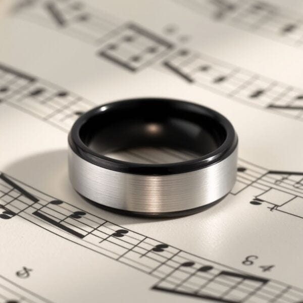 Resting on a piece of music is a stunning tungsten ring. It is a brushed silver ring that features polished black edges.