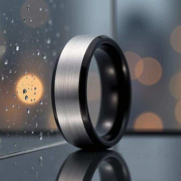 Raindrops appear on the windowpane, along with lights reflected onto the window. Beside the window is a ring, standing upright. It is a tungsten ring that has a raised centre section which is brushed silver. It has polished black edges.