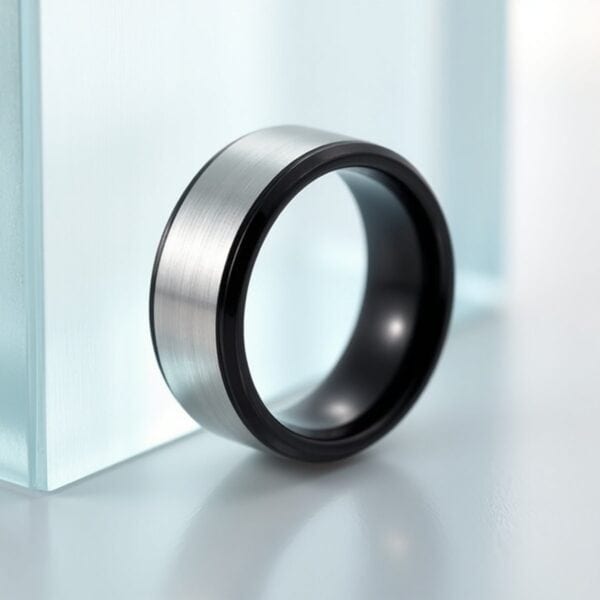 A modernist image of a ring adjacent to a block of glass. The ring is a brushed silver tungsten ring that features polished black edges.