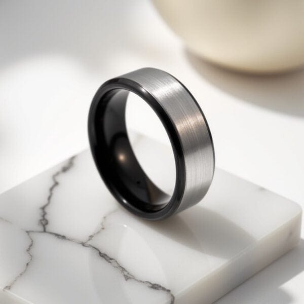 Balanced on a piece of marble is a silver and black ring. Made of tungsten the ring contrasts brushed silver and polished black.