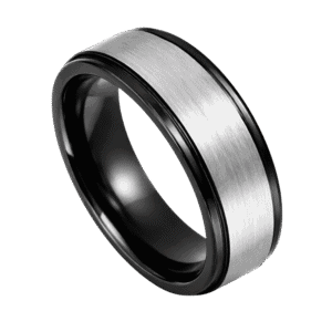 Showing a brushed silver tungsten ring that has stepped polished black edges.
