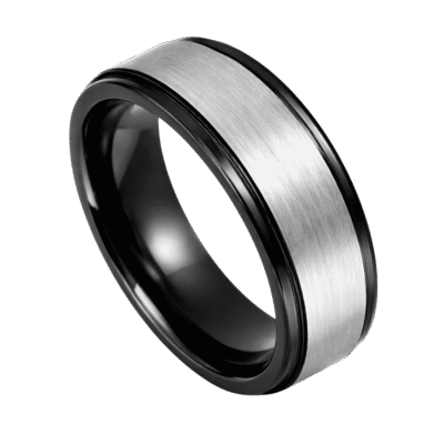 Showing a brushed silver tungsten ring that has stepped polished black edges.
