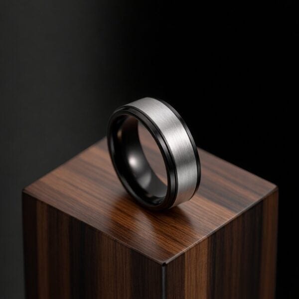 On a dark wooden stand, a ring stands upright. It is a brushed silver ring that has black stepped edges.