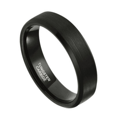 A detailed view of a brushed black ring made with tungsten. Featuring polished bevelled edges. On a white background