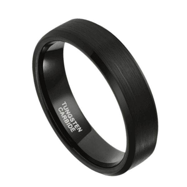 A detailed view of a brushed black ring made with tungsten. Featuring polished bevelled edges. On a white background
