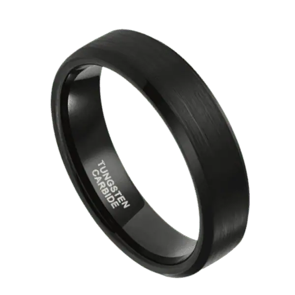 A detailed view of a brushed black ring made with tungsten. Featuring polished bevelled edges. On a white background